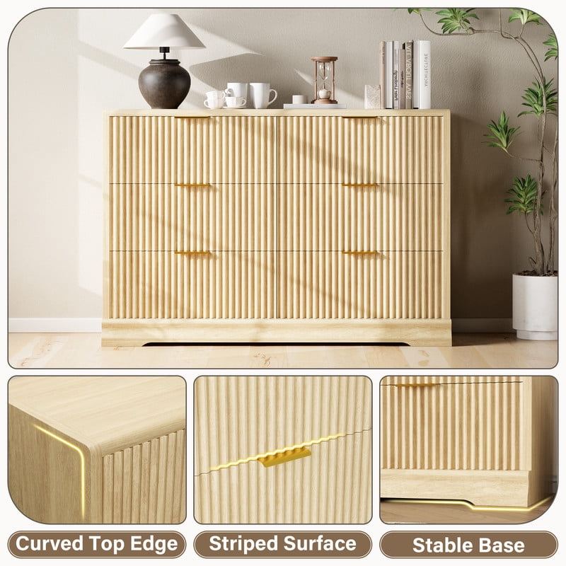 Lacoo 6 Drawer Fluted Dresser, Modern Ribbed Chest of Drawers with Gold Handles, Large Storage Dresser TV Stand for 50" TV
