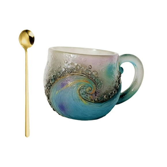 2025 Sea Glass Wave Mug, 12 Oz Handblown Oceans Wave Glass Mug Cup, with Textured SeaWave Design for Coffee Wine Ice Drink, Unique Inspired Drinkware Gift for Oceans Lovers