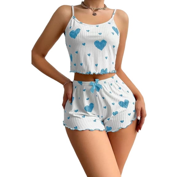 Women's Heart Print Halter Neck Cami Shorts Set - Casual Sleepwear Loungewear