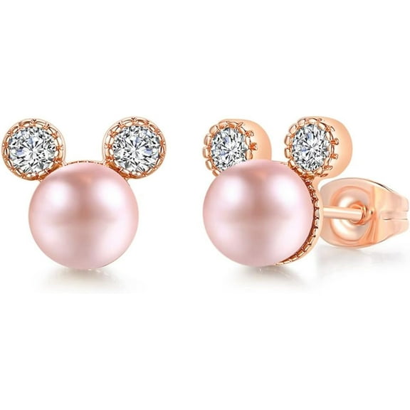 Silver Rose Gold Plated Faux Pearl Cute Mouse Cat Style Wedding Cocktail Party Stud Earrings