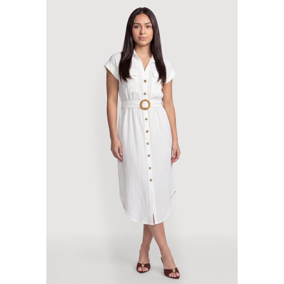 Women's Crepe Knit Button Front Belted Shirt Dress