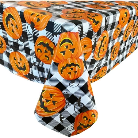 

Newbridge Country Cottage Jack O Lantern Halloween Vinyl Flannel Backed Tablecloth Black Buffalo Check with Pumpkins and Bats Halloween Easy Care Tablecloth 60 In x 120 In Oblong/Rectangle