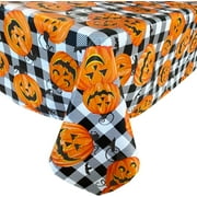 Newbridge Country Cottage Jack O Lantern Halloween Vinyl Flannel Backed Tablecloth, Black Buffalo Check with Pumpkins and Bats Halloween Easy Care Tablecloth, 52 In x 52 In Square