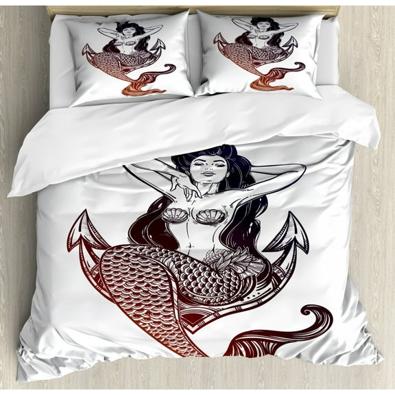 Anchor King Size Duvet Cover Set, Sketch Style Mermaid with Seashells and Scales Mythological Creature Design, Decorative 3 Piece Bedding Set with 2 Pillow Shams, Navy Blue and White, by Ambesonne