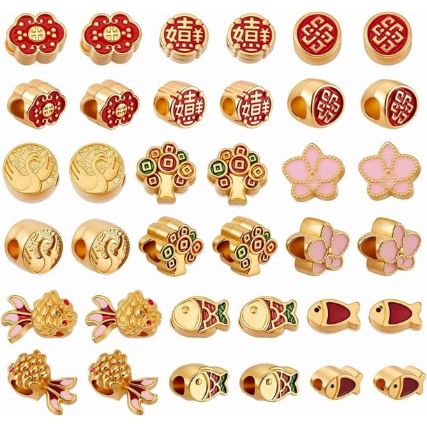 36 cuentas chinas doradas de 9 estilos, espaciadoras de agujero grande de 7 a 10 mm, de metal esmaltado, europeas, para manualidades, joyería, pulseras y collares.