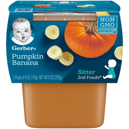 Gerber 2nd Foods Pumpkin Banana Baby Food, 4 oz Tubs, 2 Count (Pack of 8)
