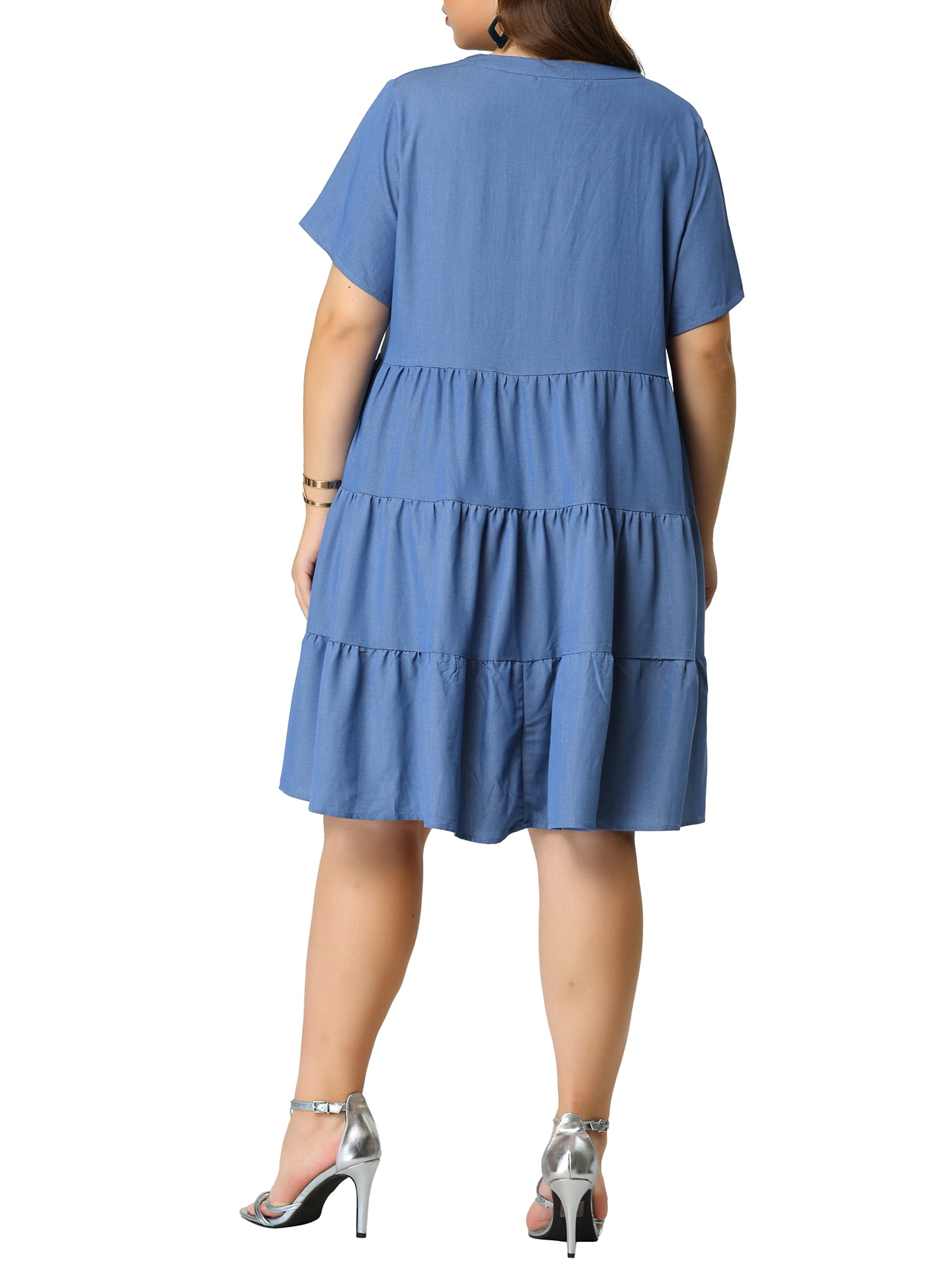DARING DIVA Plus Size Button Down V Neck Tiered Chambray Dress 4X Blue