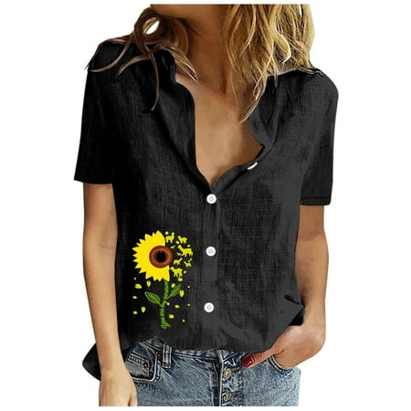 

Blouses for Women Women Summer Sexy Print Regular Button Turndown Neck Short Sleeve Women Short Sleeves Top Loose Summer Tops Black S