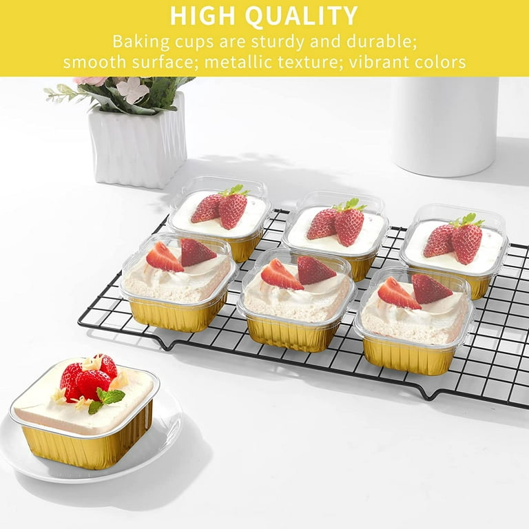 50 Pcs Aluminum Foil Mini Square Baking Cups with Lids,5oz Disposable  Ramekins Cake Pans,Cupcake Baking Cups Containers for Bread Muffin Brownie
