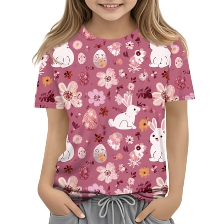 LTTVQM Girls 2026 Easter Tops Short Sleeve Funny Bunny Eggs Graphic Tshirts Loose Fit Crewneck Blouses Trendy Clothing Pink 12-13 Years