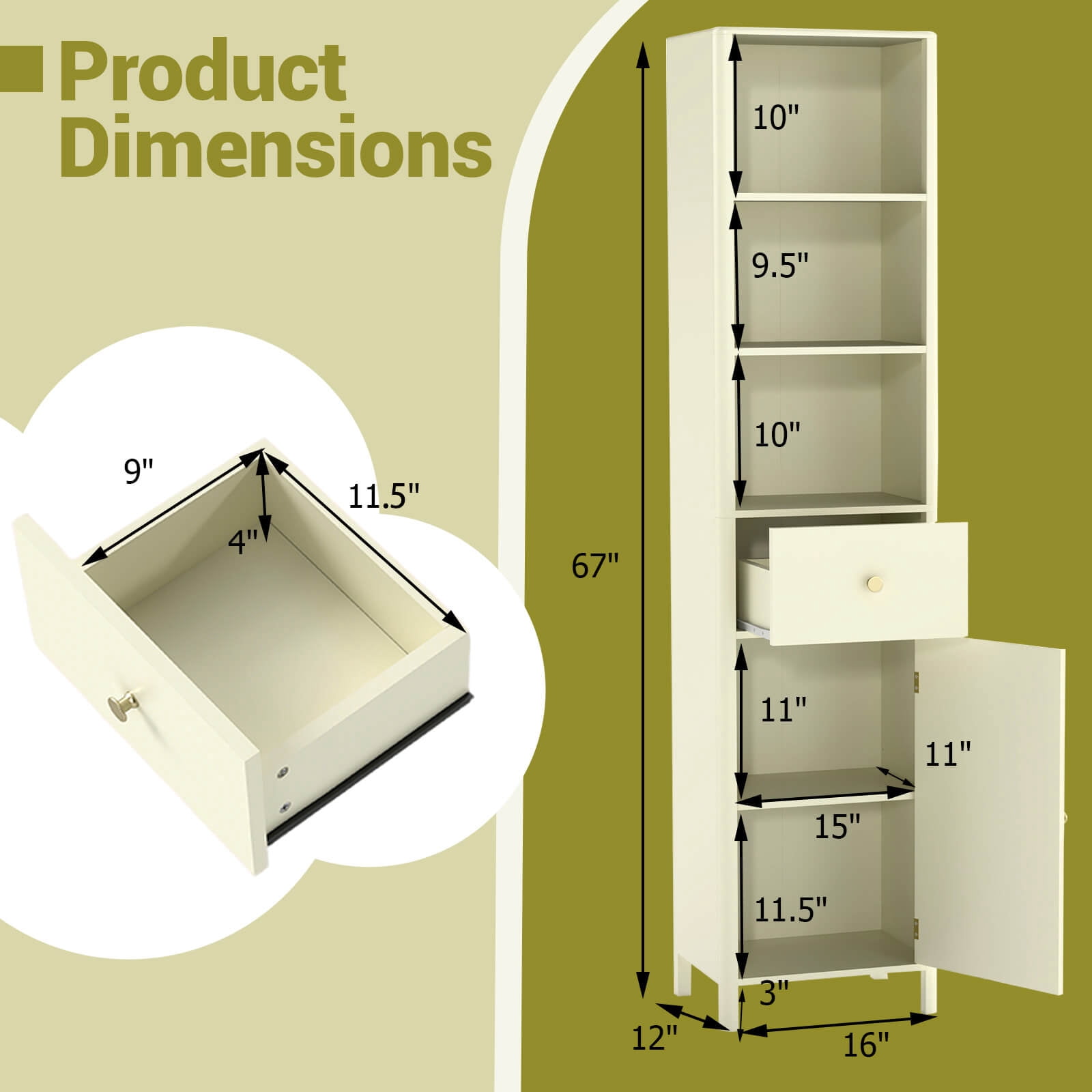 Costway 67” Tall Bathroom Cabinet with 3 Open Shelves, 1 Drawer, Adjustable Interior Shelf Off-white