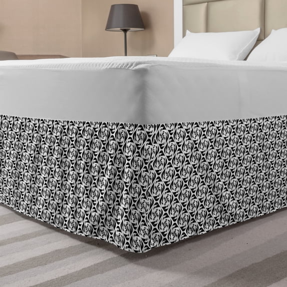 Monochrome Bed Skirt, Abstract Swirly Flower Petals in Geometric Diamond Shapes Design, Elastic Bedskirt Dust Ruffle Wrap Around for Bedding Decor, 4 Sizes, Charcoal Grey and White, by Ambesonne
