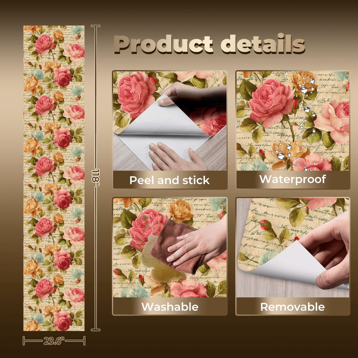 Boho Peel and Stick Wallpaper Vintage Floral Rose Handwritten Script Wall Mural 23.6in x 9.8ft Self Adhesive Removable Wall Paper Renter Friendly Wallpaper for Bedroom Kitchen Farm