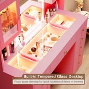 iPormis Vanity Desk with Mirror and Lights, Glass Top Makeup Vanity with RGB Light and Charging Station for Girls ,Pink