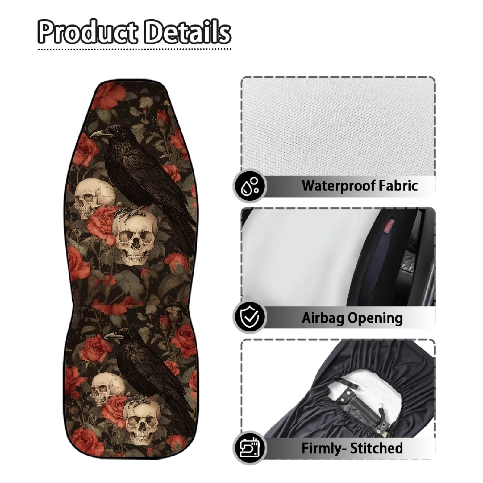Binienty Halloween Waterproof Auto Seat Covers Black Crow Red Rose Skull Car Front Seat Covers 2 Pack Universal Automitive Bucket Protector Washable Car Interior Accessories, Airbag Compatible