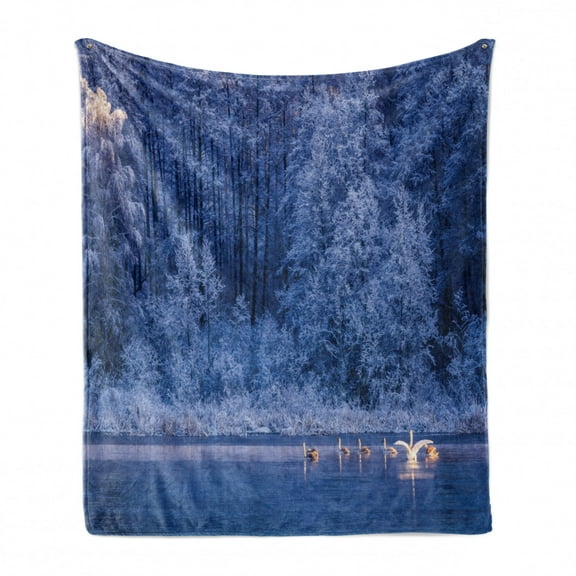 Winter Soft Flannel Fleece Throw Blanket, Swans Swimming Lake Dusk Forest Dramatic Idyllic Nature Icy Snowy Weather Rural Scene, Cozy Plush for Indoor and Outdoor Use, 50" x 60", Blue, by Ambesonne