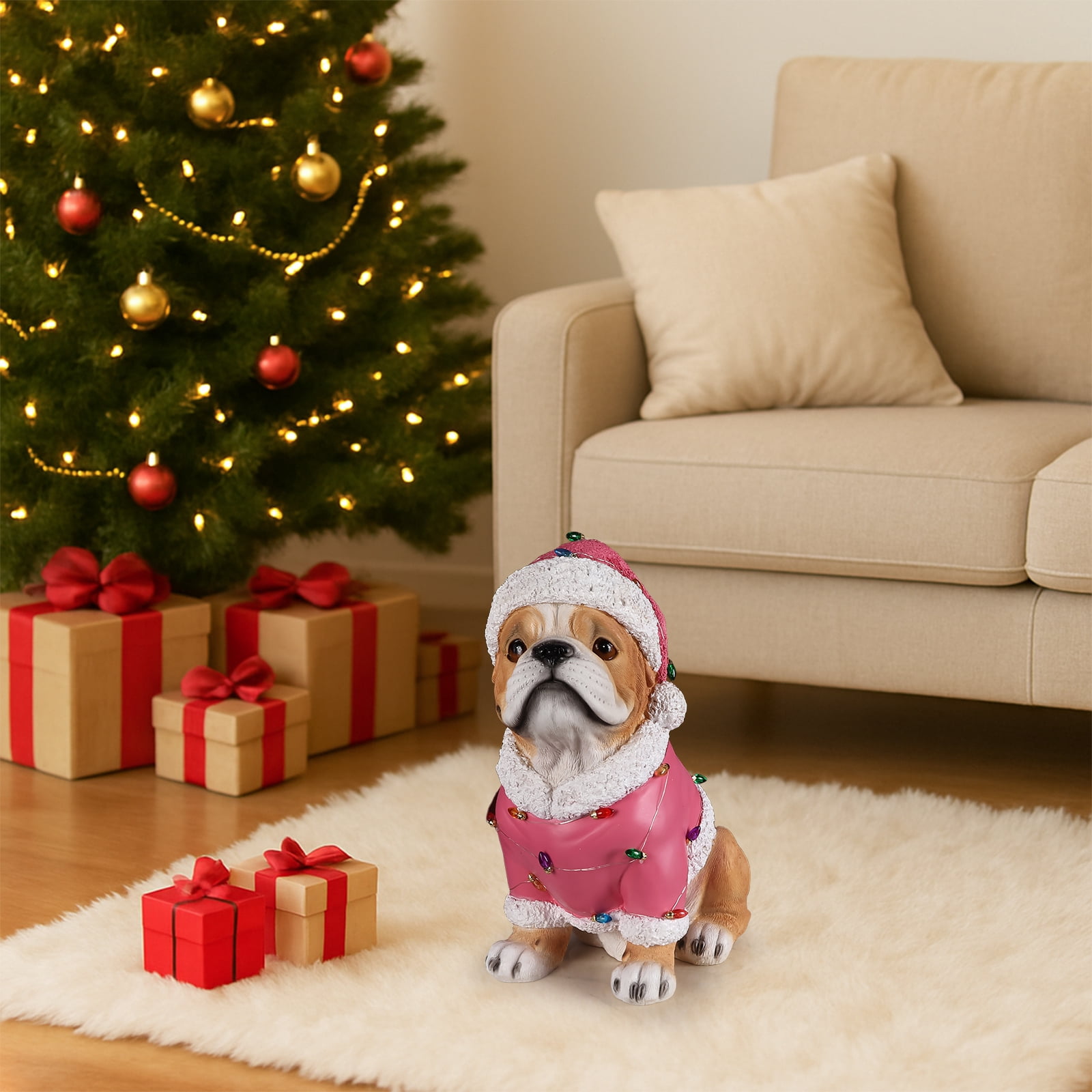 Pug Pink Santa Outfit Christmas Dog Statue with Santa Hat Bulb Accents Holiday Tabletop Decor