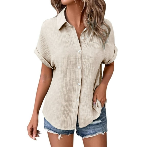 Moonker Button Down Shirts for Women Under $10 Generisch Muslin Blouse Women's Summer Shirt Blouse Cotton Short Sleeve Linen Blouse Tops V Neck Long Blouse Tunic