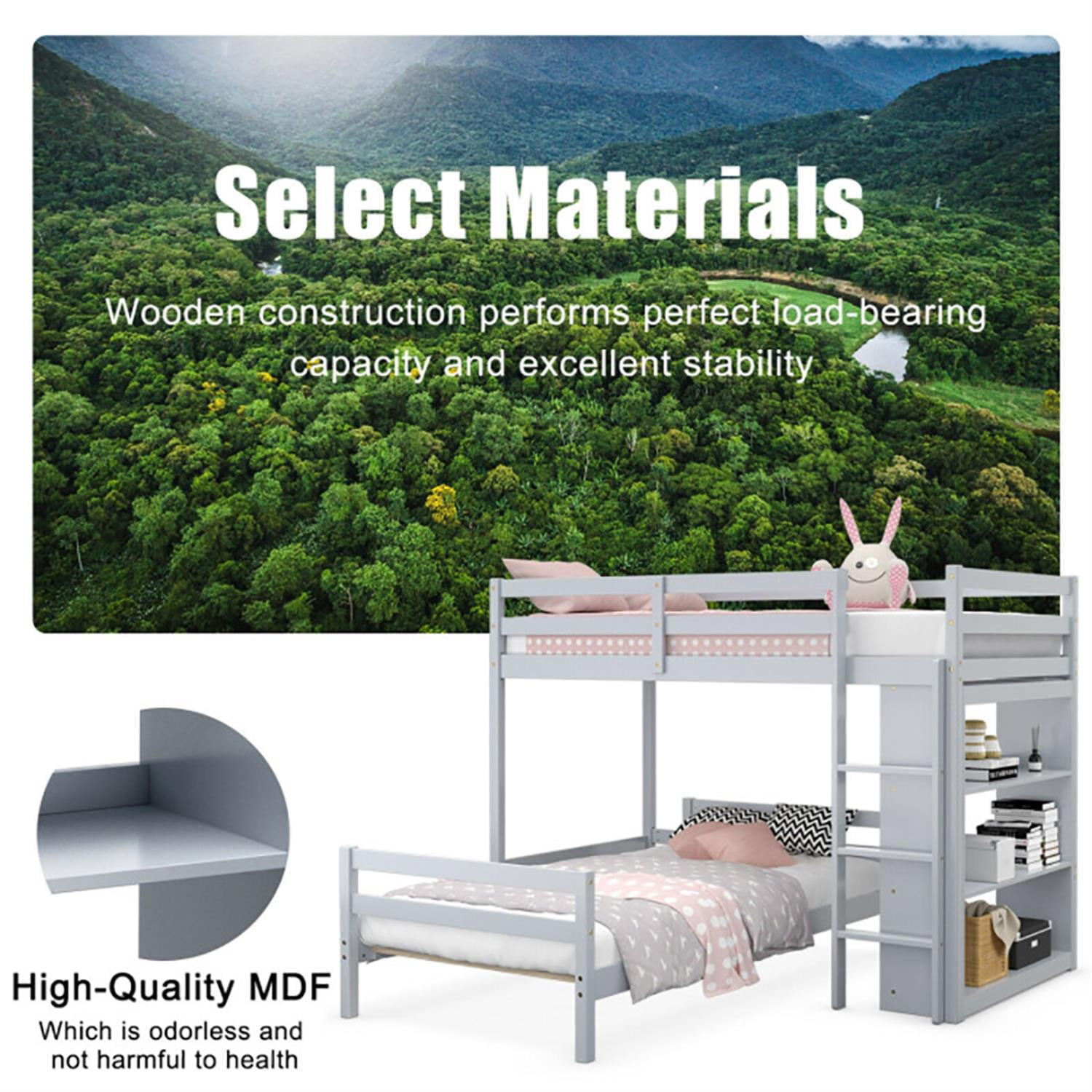 Demi Bonn Twin Over Twin Loft Bunk Bed with Bookcase, Twin Bunk Beds, Space-saving Solid Wood House Bed Frame, Gray