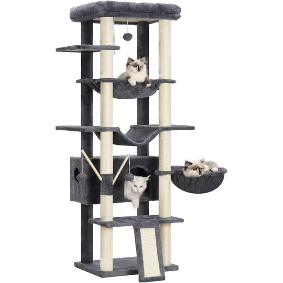 Cat Tree for Indoor Cats Large Adult with Big Platform, 68.1-inch Tall Cat Tower with Sisal-Covered Scratching Posts, Multi-Level Cat Condo Furniture with Hammocks, Smoky Gray HCT035G