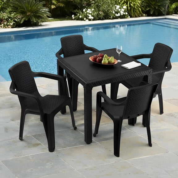 Comedor Plástico 4 Sillas Apilables 1 Mesa Apariciencia Rattan Interior Exterior Ideal Patio Jardín Terraza Alberca Playa RIMAX