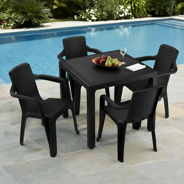 Comedor Plástico 4 Sillas Apilables 1 Mesa Apariciencia Rattan Interior Exterior Ideal Patio Jardín Terraza Alberca Playa RIMAX