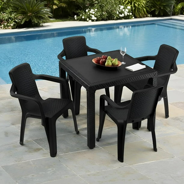 Comedor Plástico 4 Sillas Apilables 1 Mesa Apariciencia Rattan Interior Exterior Ideal Patio Jardín Terraza Alberca Playa RIMAX
