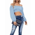 thumbnail image 3 of Woman Off Shoulder Ruched Tie Back Crop Top Summer Lantern Sleeve Boho Shirt Blouse Blue M, 3 of 9