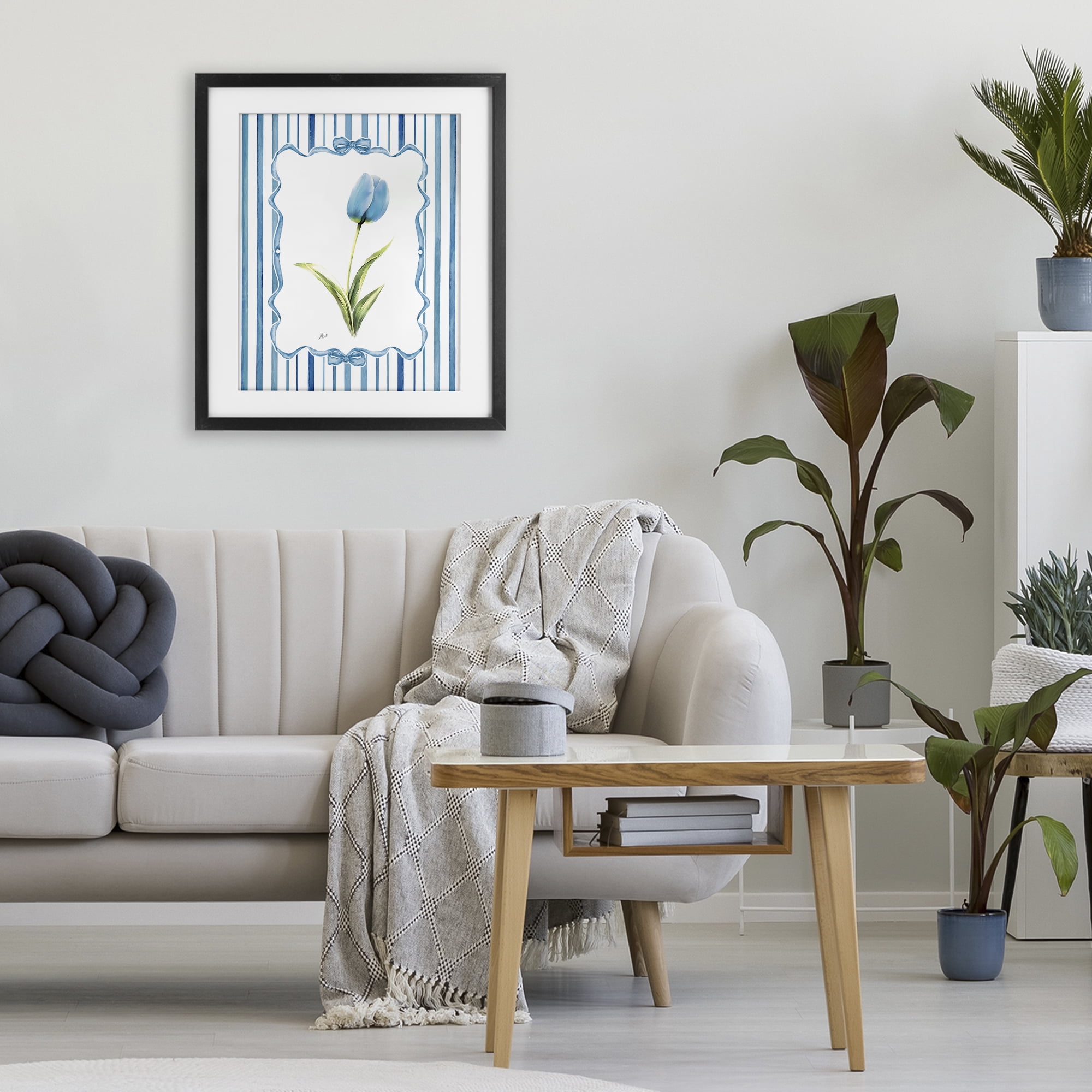 Stupell Industries Blue Tulip & Ribbon Border Black Framed Print Under Glass, design by Nan