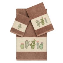 Authentic Hotel and Spa  Turkish Cotton Cactus Embroidered Latte Brown 3-piece Towel Set