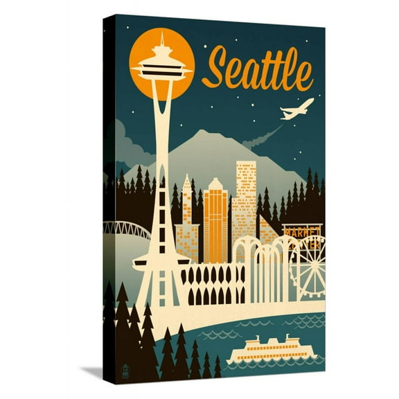 Art.com Seattle, Washington - Retro Skyline Stretched Canvas Print Wall Art by Lantern Press, 12" x 18"