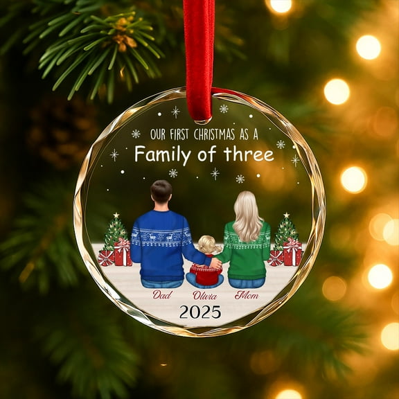 Family of Three Glass Ornament – Personalized Parents, Child & Pets, First Family Christmas