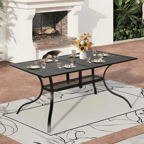 SOLAURA Outdoor Dining Table, 60" x 37"Outdoor Rectangular Metal Table with 1.57" Umbrella Hole, for Backyards, Porches, Gardens or Poolside, Black