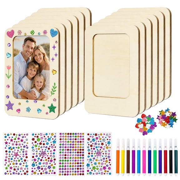 12 PCS Mini Wooden Picture Frames for Crafts, Unfinished Adsorptive Photo Frame Kit, 2.6 x 3.7 in Small DIY Frames with Watercolor Pencils, Glitter Stickers, Rhinestones for Fridge Decor, Presents