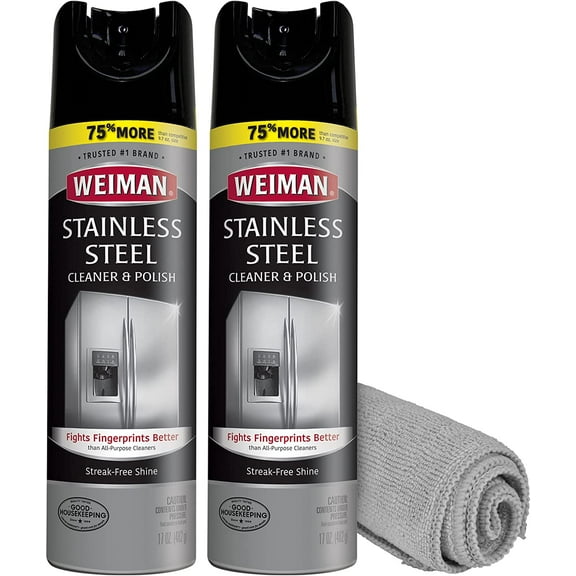 Stainless Steel Cleaner & Polish Streak-Free Shine - For Refrigerators, Oven, Dishwasher, Stove - 2 Pack Aerosol Spray with Microfiber Cloth Included