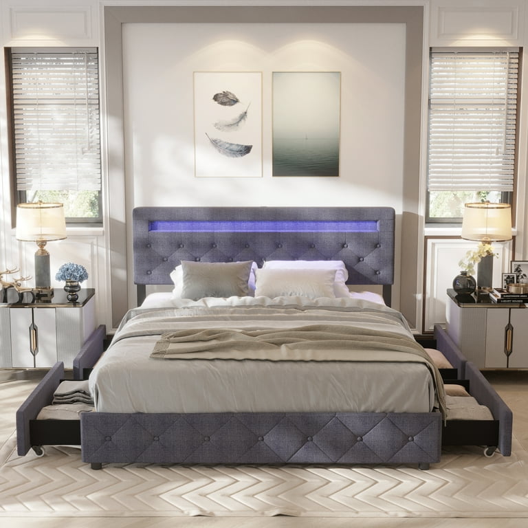 CAIDI Queen Size Bed Frame with LED Light Headboard, Upholstered Platform Bed with 4 Drawers, Adjustable LED Lights Headboard(Dark Grey-QUEEN) CAIDI Queen Size Bed Frame with LED Light Headboard, Upholstered Platform Bed with 4 Drawers, Adjustable LED Lights Headboard(Dark Grey-QUEEN)