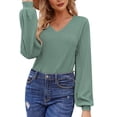 thumbnail image 3 of Women'S Long Sleeve V Neck Lantern Blouse Dressy Casual Ribbed Knit Tunics Loose Fit Fall Shirts 2025 Light Green XL, 3 of 8