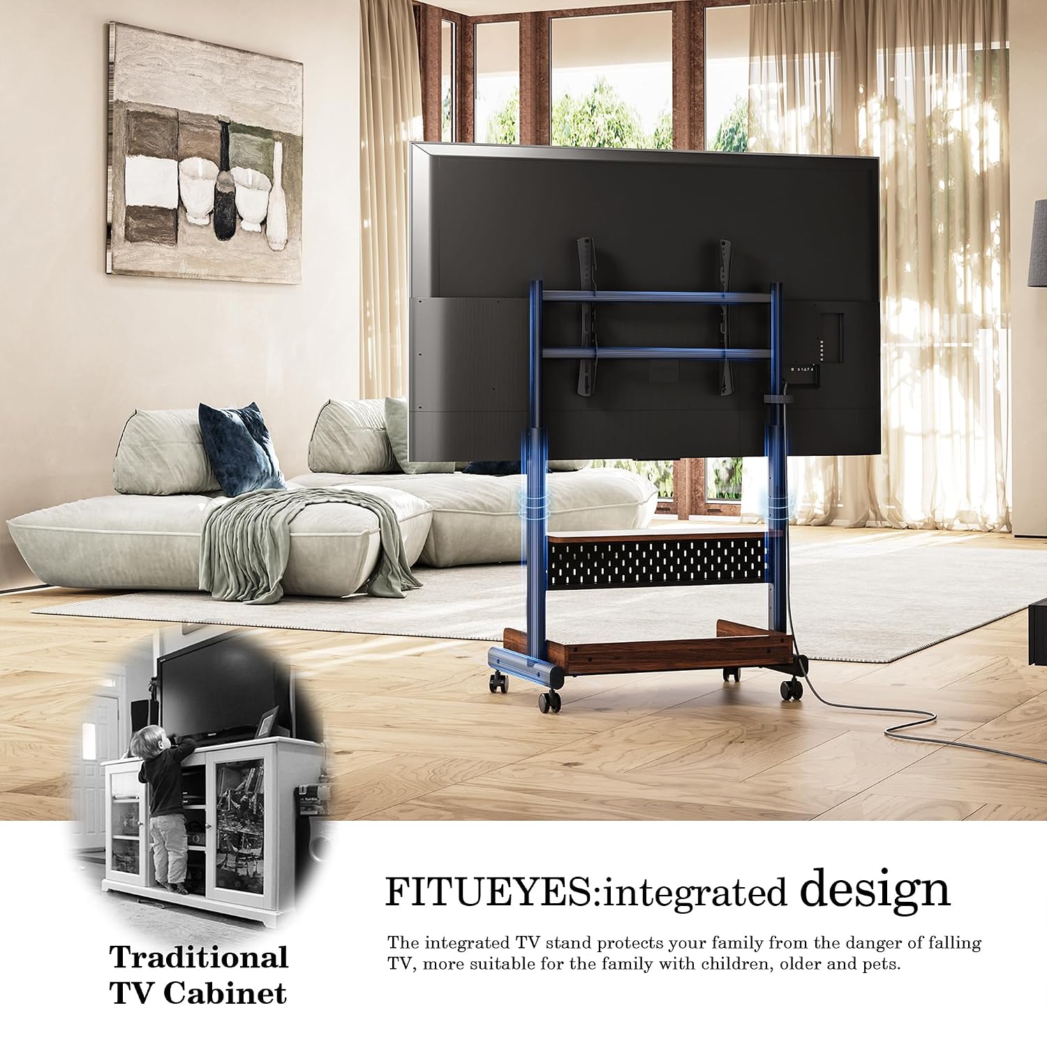 FITUEYES Rolling TV Stand for 40–85 Inch TVs, Black, Wood Shelf & Pegboard