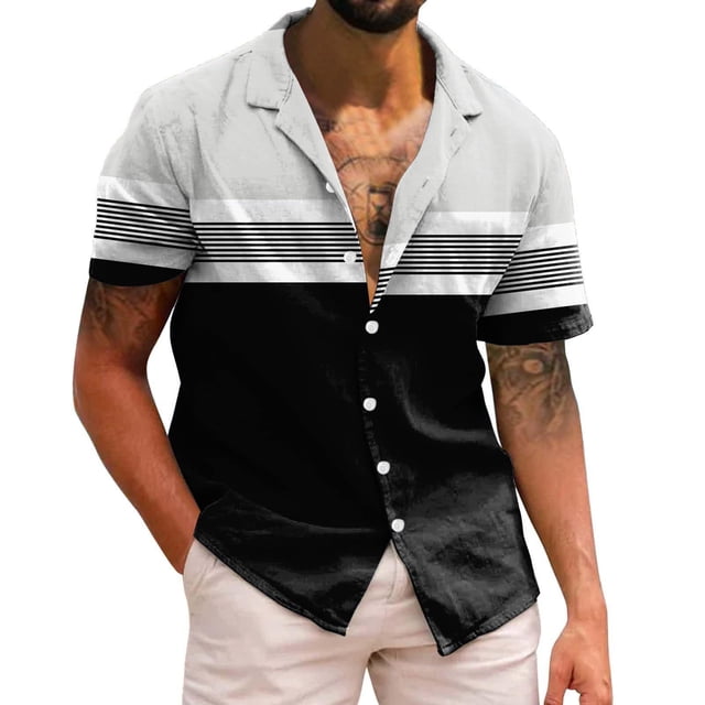 Playeras Hombres Casual Manga corta Primavera Verano Turndown Neck 3D Impreso Camisas Moda Top Blusa Camisas (Black, XXL)