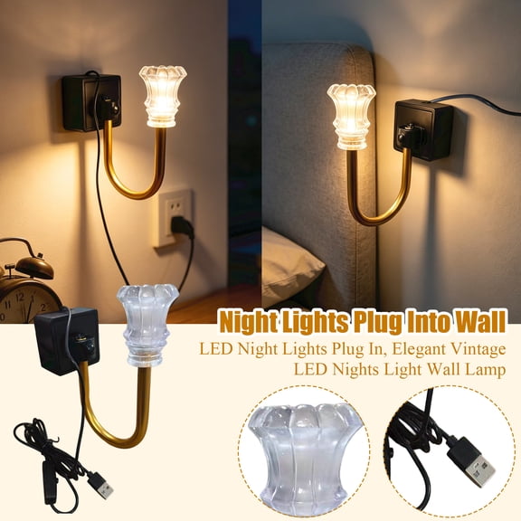 Night Light Plug into Wall, Led Wall Light, Brass Gold Finish, Clear Textured Glass, 10 in Curved Arm, Usb Switch, Stairway Illumination, Bedroom Wall Decor, 1 Pc