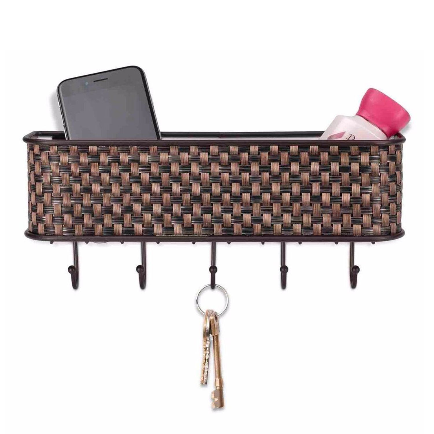 Home Basics Weave Letter Basket with Key Hooks 10.5" x 2.5" x 2.5