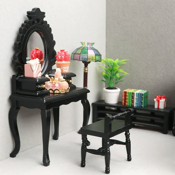 TEHAUX Black Miniature Wooden Vanity Table and Stool for Decor 1:12 Scale House Furniture