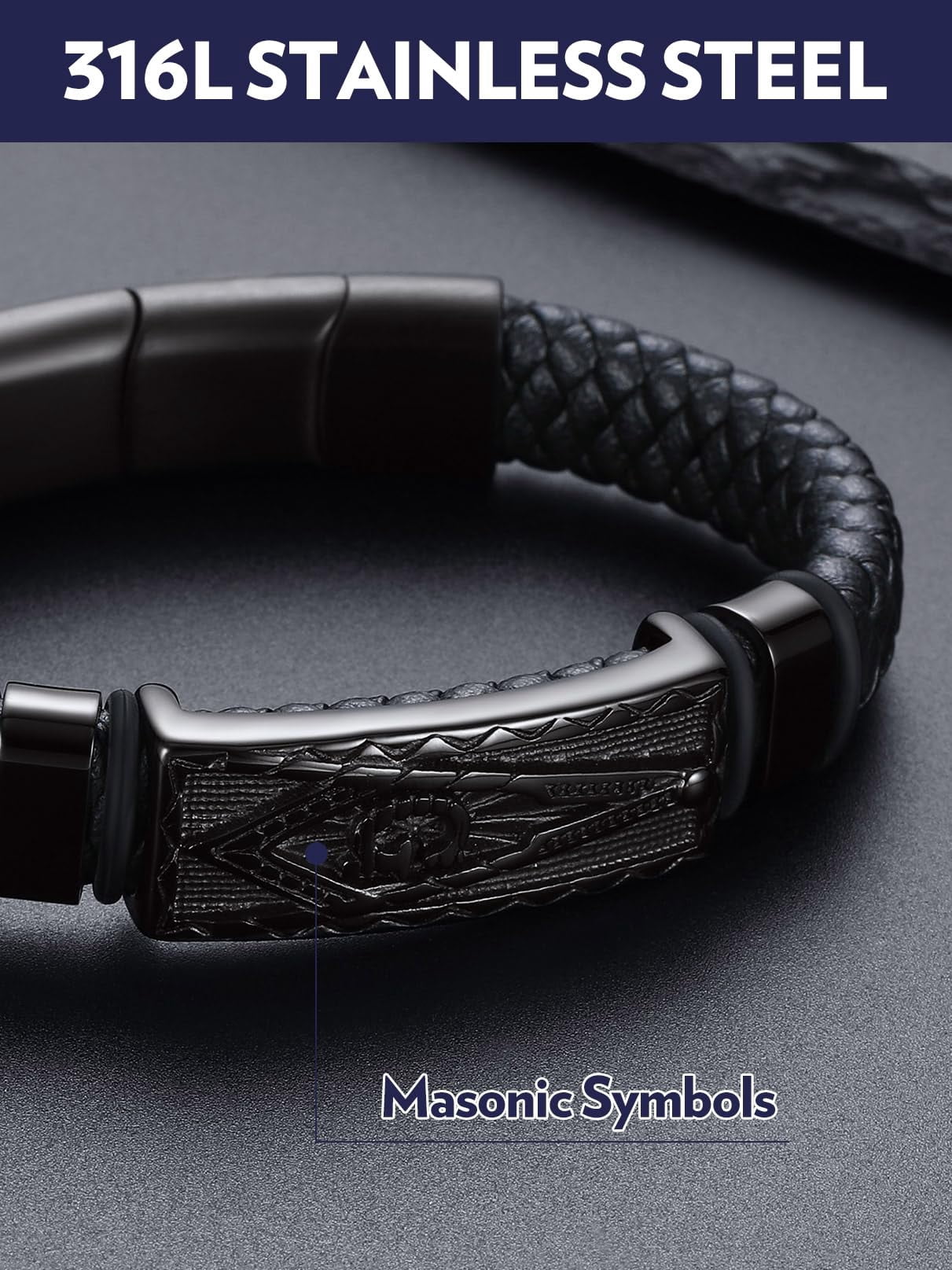 Bandmax Black Leather Braided Bracelets for Men Stainless Steel Black Masonic Freemason Wristband Charm Bracelet with Adjustable Buckle Birthday Father Day Gift for Dad Son Husband Grandpa