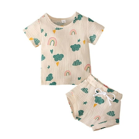 

Fesfesfes Toddler Boys Girls Short-sleeve Rainbow Cactus Print Top + Shorts Children Two-piece Set