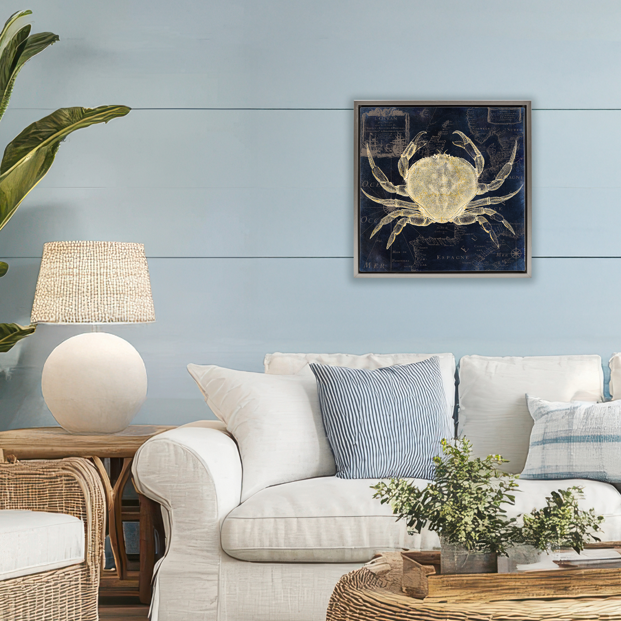 Crab Contour over Map Gray Framed Floater Canvas Wall Art, design by Sasha