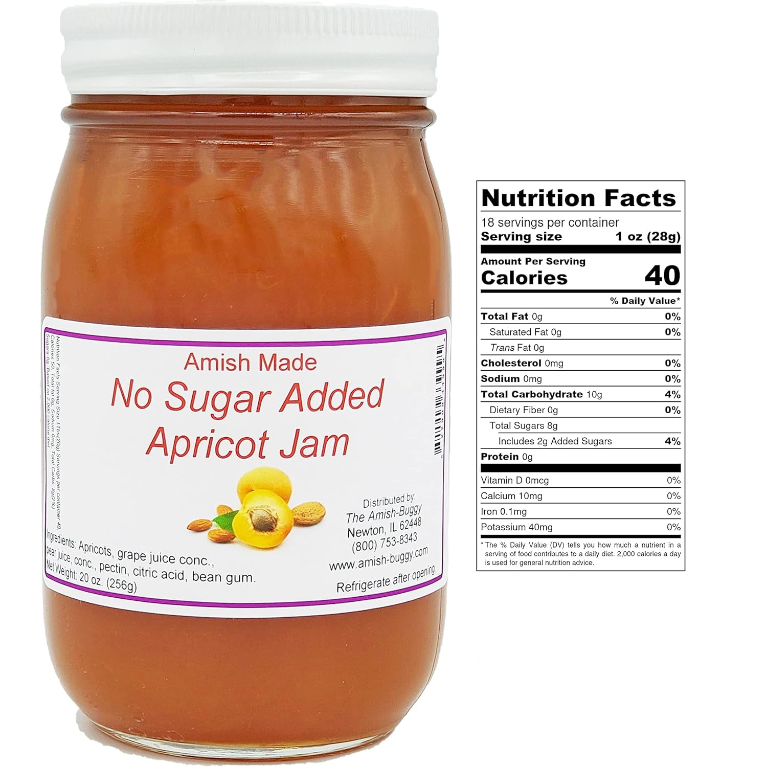 Amish Jam - No Sugar Added - 16 Oz Jar (Apricot 2 jars)