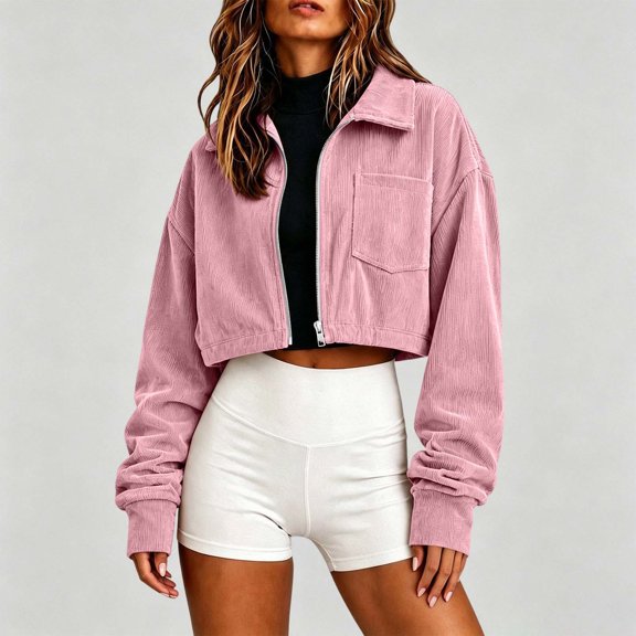 thefmos Women's Collared Zip Up Cropped Corduroy Jacket with Chest Pocket Solid Color Casual Coat Trendy Fall Winter Clothes, Pink M