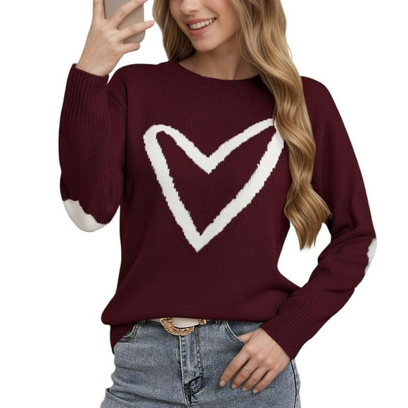 Wzzjkit Fall Clothes Women's Heart Valentine's Day Round Neck Knitted Sweater European Hooded Sweater