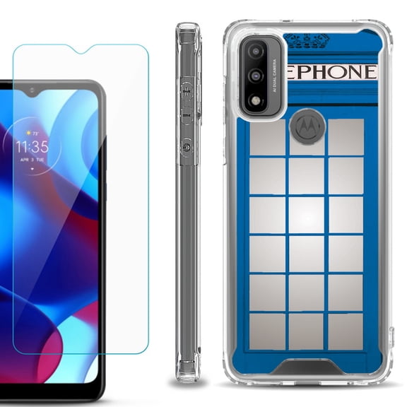 Shockproof Bumper Phone Case for Motorola Moto G Pure, with Tempered Glass Screen Protector, by OneToughShield ® - Phone Booth Blue