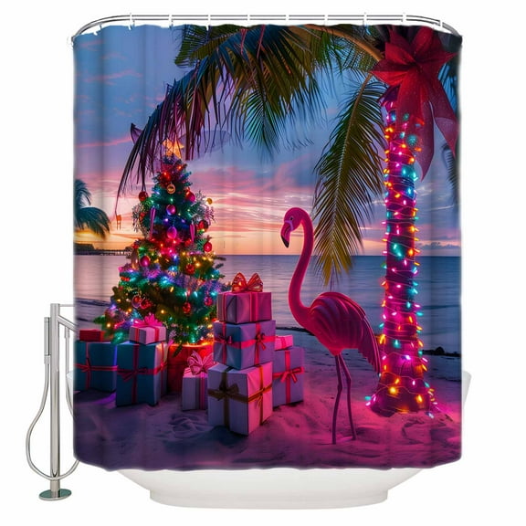 Fabric Shower Curtain, Christmas Abstract Flamingo Xmas Tree Gift Pink Beach Bathroom Curtain with 12 Hooks Waterproof No Bad Odor Machine Washable Bath Curtains for Bathroom, Spa Room, 72"x84"